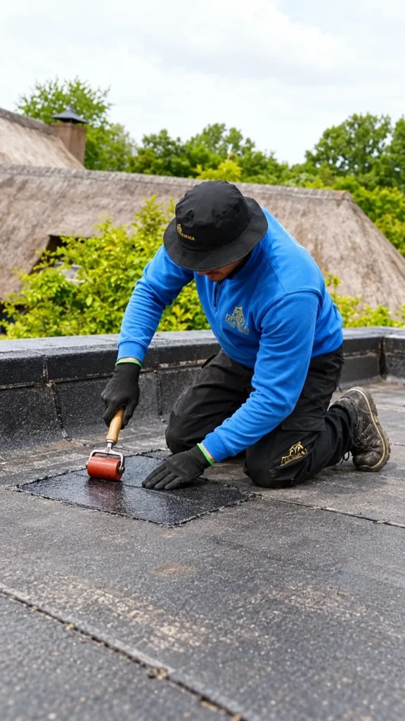 Dakdekker rolt een reparatiestuk aan op een bitumen plat dak in Beekbergen