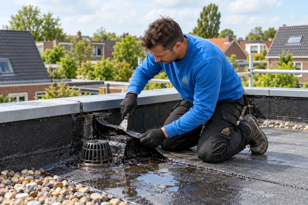 Dakdekker herstelt de bitumen aansluiting bij een dakafvoer op een plat dak in Kootwijkerbroek