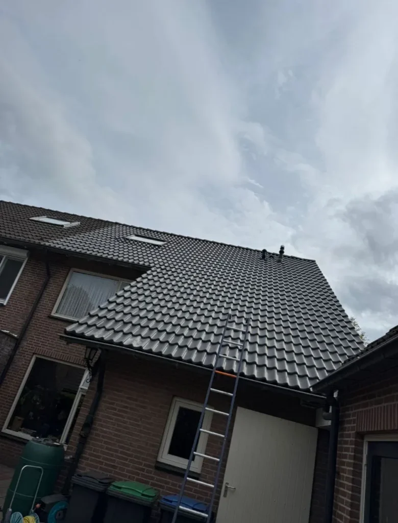 Nieuw antraciet pannendak op een bakstenen woning met ladder tegen de gevel in Wekerom