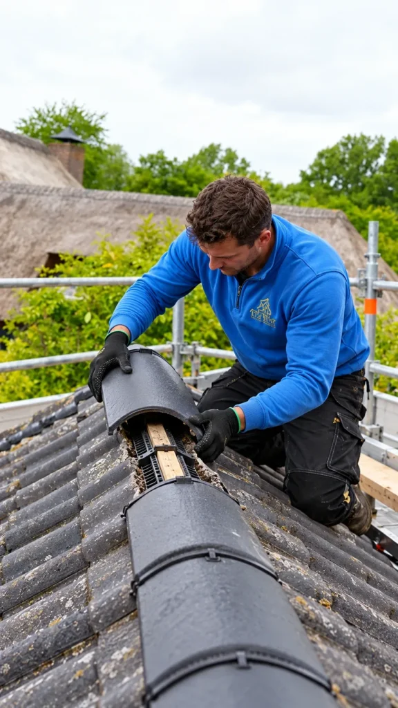Dakdekker plaatst nieuwe nokvorsten op een pannendak met oude dakpannen in Barneveld