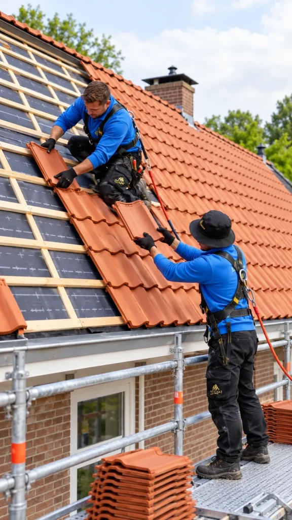 Twee dakdekkers leggen nieuwe rode dakpannen op panlatten vanaf een steiger in Barneveld